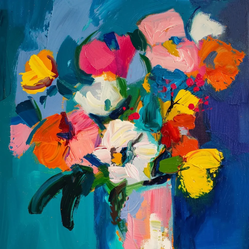 Bright and cheerful abstract floral painting in vivid colors.