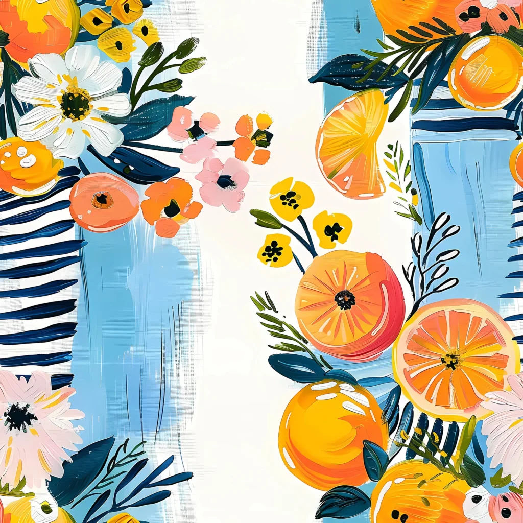 Seamless summer citrus and floral pattern with navy stripes and orange botanicals.