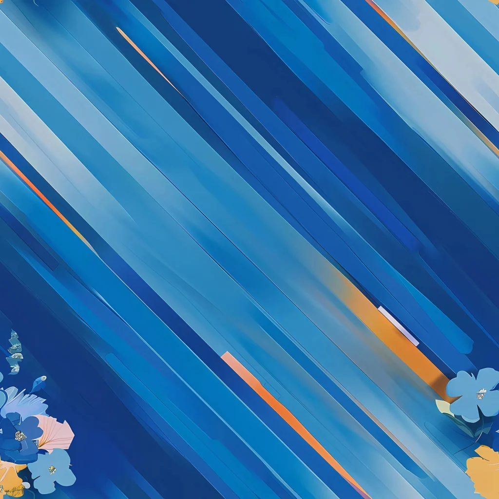 Dynamic diagonal stripe pattern in electric blue with scattered florals in the corners.