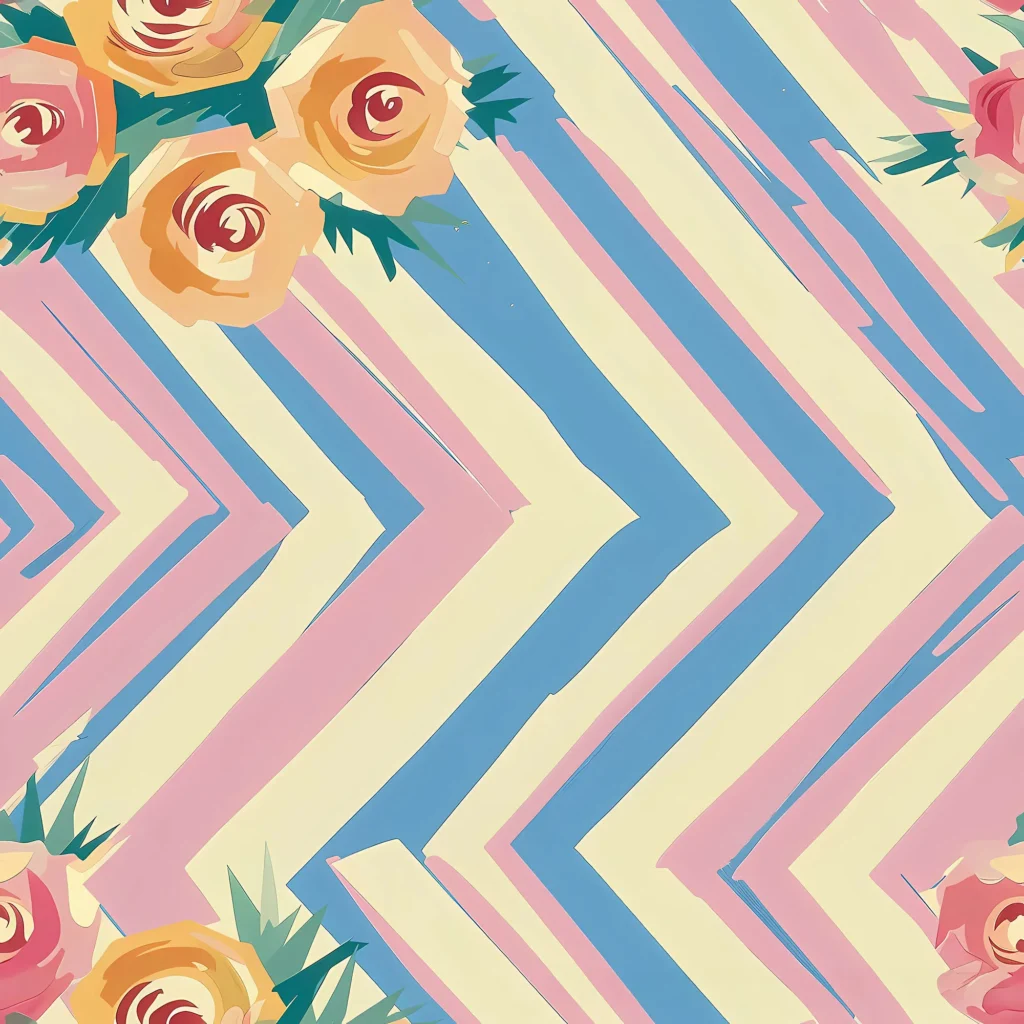 Chevron zigzag stripe pattern in blue, pink, and cream with rose bouquets.