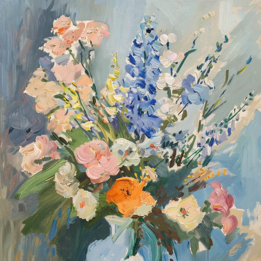 Blue Delphiniums mixed with pink, coral and white blooms in a blue vase.