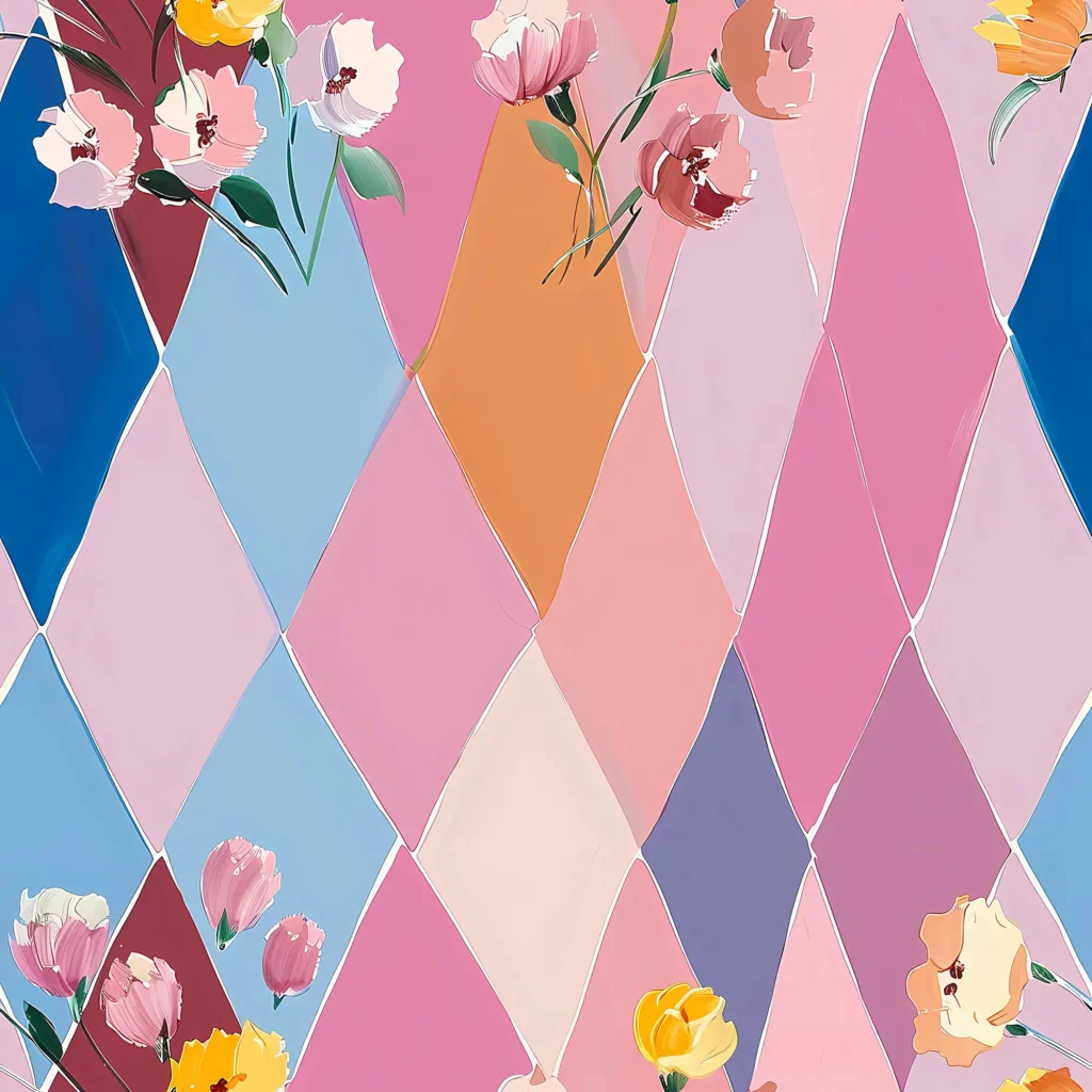 Pastel diamond harlequin pattern with scattered florals in warm pink, orange, and blue.
