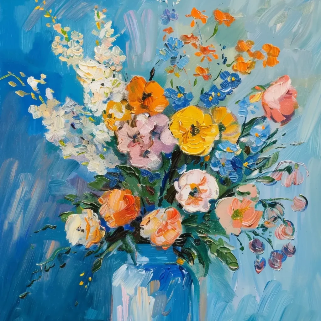 Bright spring floral bouquet with orange, yellow, pink, and blue flowers in a blue vase on a painted background